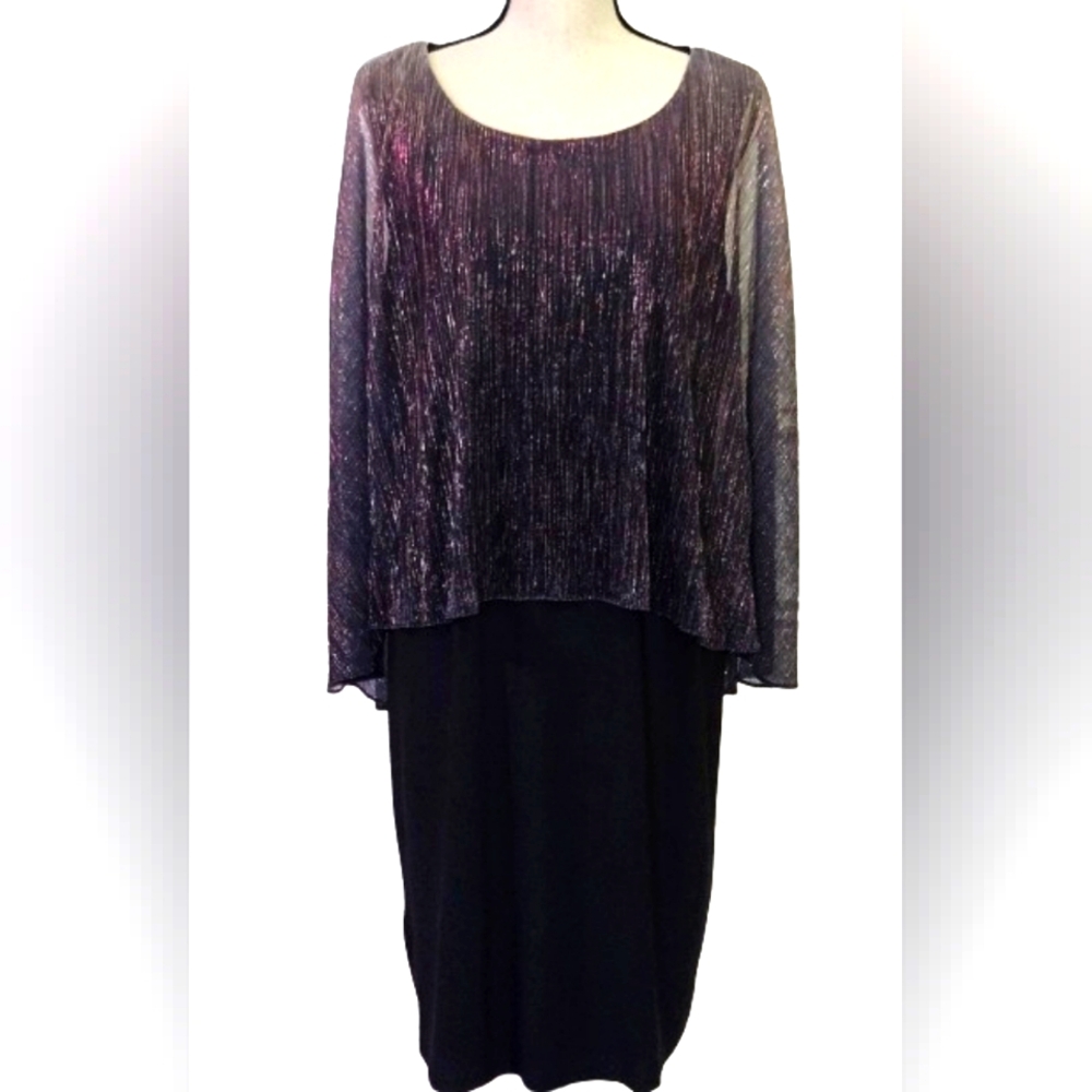 IGNITE Evenings Black MultiColor Shimmery Ombre Popover Midi Dress,Size 18,NWT